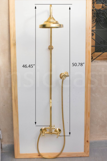 unlacquered brass shower system, handheld shower and shower head combo, exposed pipe