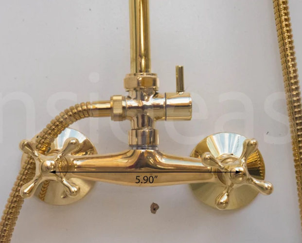unlacquered brass shower system, handheld shower and shower head combo, exposed pipe