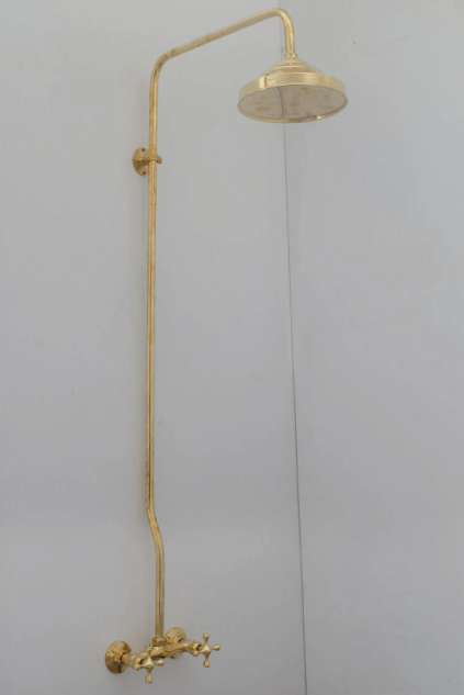 Unlacquered Brass Exposed Shower System, Solid Brass Outdoor Shower, Brass Showerhead