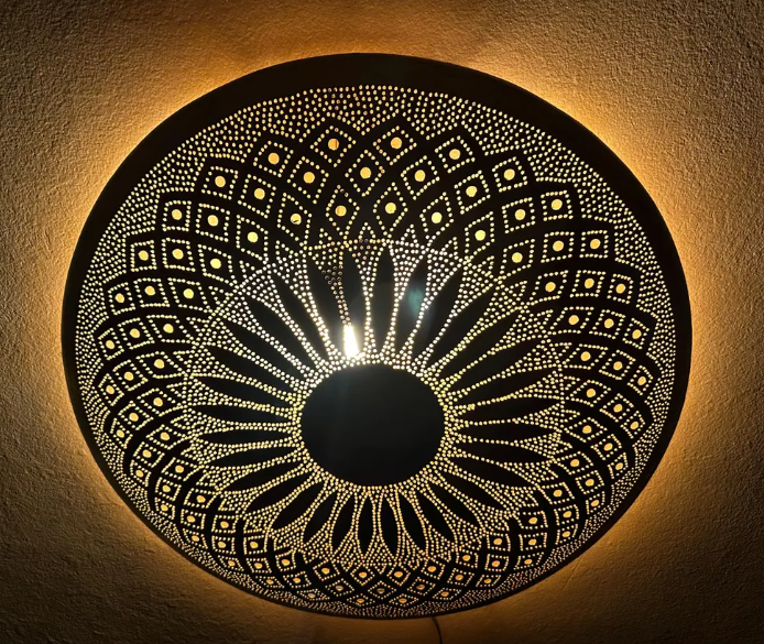 Wall Moroccan Sconce – Handmade Round Brass Light – Golden Wall Lamp – Large Circle Wall Lamp