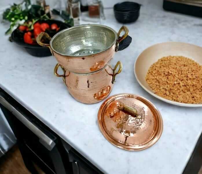 Handmade Moroccan Copper Couscoussier - Traditional 2-Tier Steamer Pot for CouscousVegetables Authentic Couscous Maker / hammered