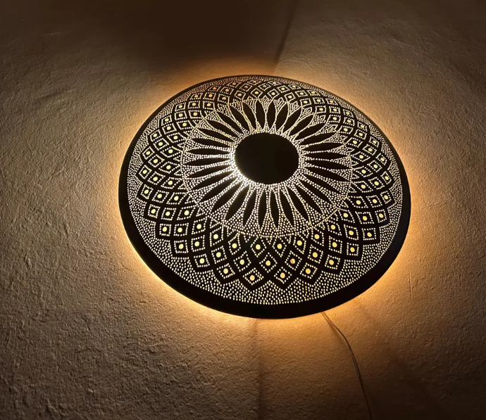 Wall Moroccan Sconce – Handmade Round Brass Light – Golden Wall Lamp – Large Circle Wall Lamp