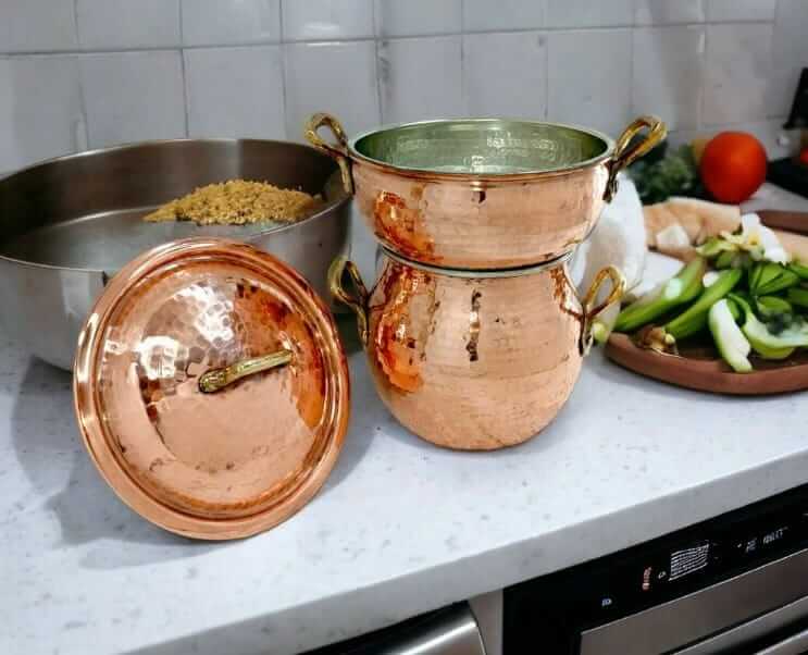 Handmade Moroccan Copper Couscoussier - Traditional 2-Tier Steamer Pot for CouscousVegetables Authentic Couscous Maker / hammered