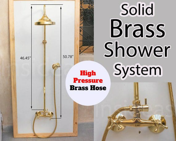 unlacquered brass shower system, handheld shower and shower head combo, exposed pipe