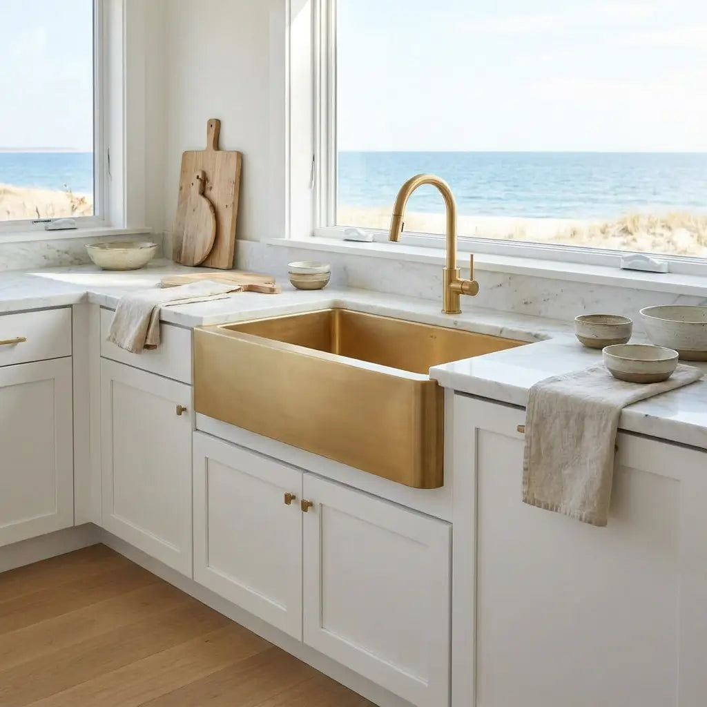 Bright coastal kitchen design featuring a 30 inch unlacquered brass farmhouse sink under a large window overlooking the ocean view.