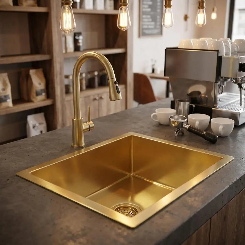 30 inch smooth copper bar sink top mount on grey concrete countertop in modern coffee shop station