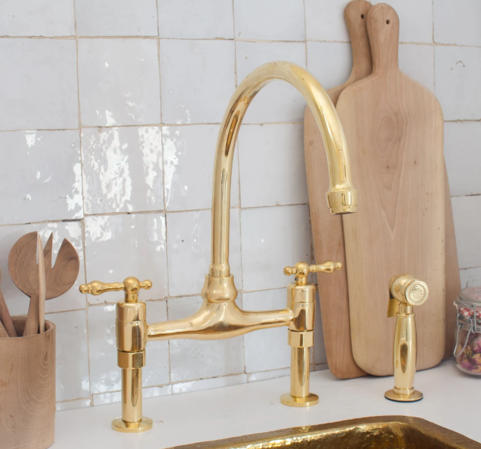 vintage 8" unlacquered brass bridge faucet, kitchen sink faucet, lever handles