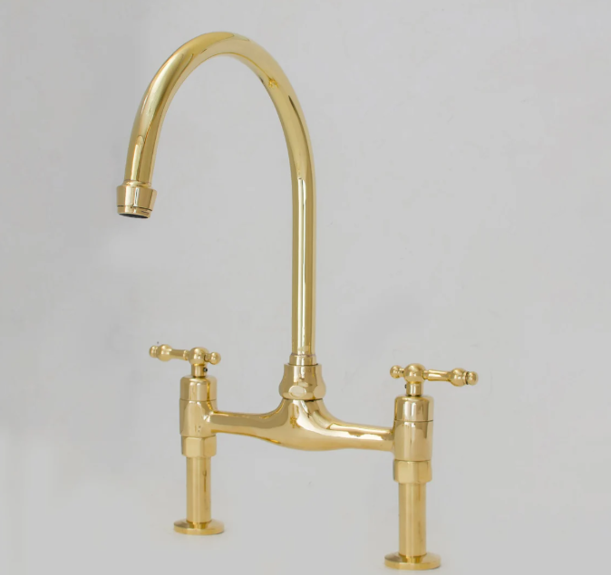 vintage 8" unlacquered brass bridge faucet, kitchen sink faucet, lever handles