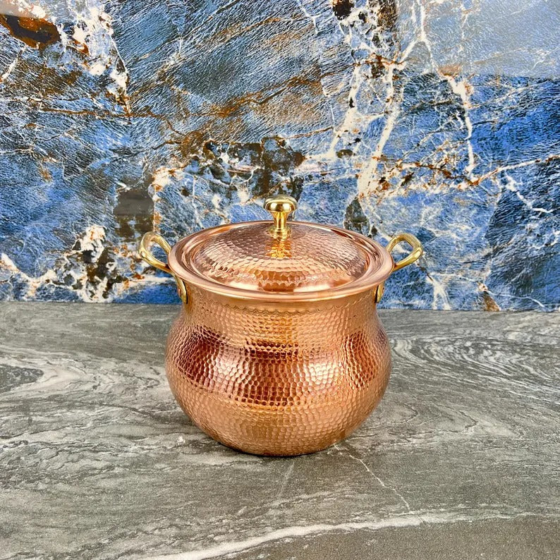 Copper Stock Pots with Lid - Handmade & Hammered Copper Cooking Pot - Polished Finish Copper Cookware - Large Copper Kitchen Pot