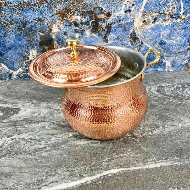 Copper Stock Pots with Lid - Handmade & Hammered Copper Cooking Pot - Polished Finish Copper Cookware - Large Copper Kitchen Pot