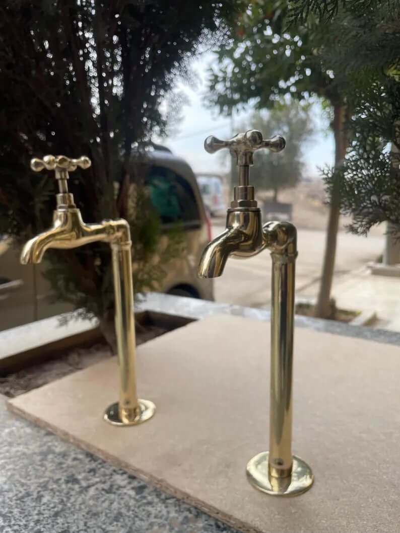Pair of 2 Unlacquered Brass Wall Mount Water Faucets - Moroccan Inspired Vintage Bathroom Taps with Hammered Finish