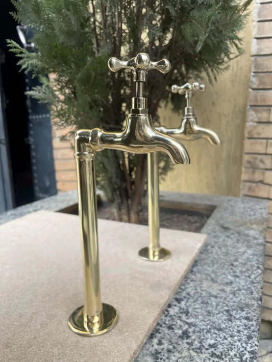 Pair of 2 Unlacquered Brass Wall Mount Water Faucets - Moroccan Inspired Vintage Bathroom Taps with Hammered Finish