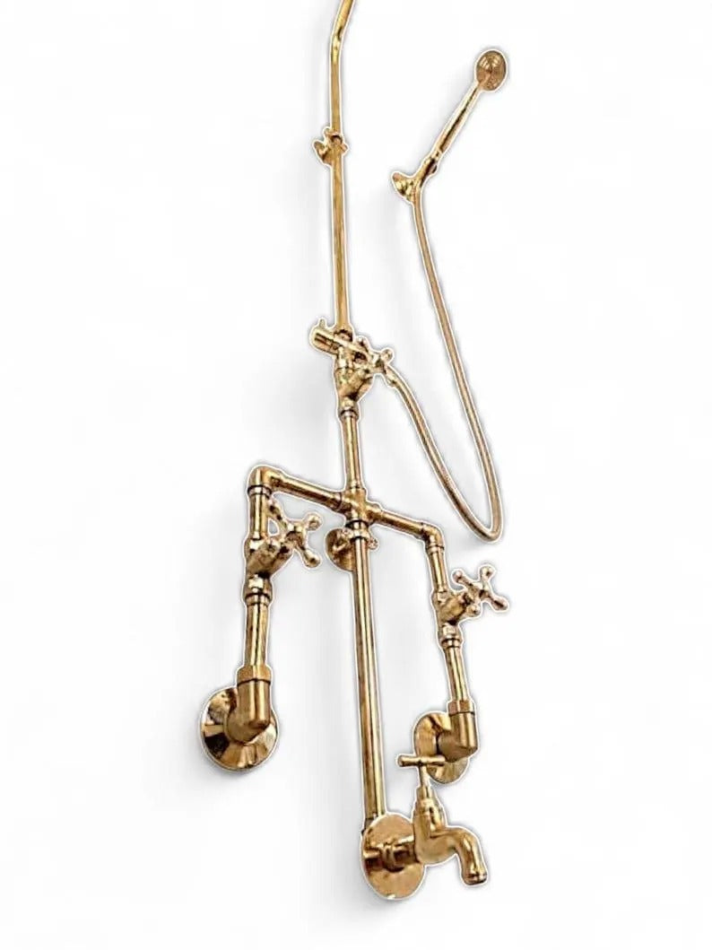 Unlacquered Brass Shower System | Exposed Pipe Rainfall Shower with Handheld Sprayer | Vintage Industrial Bathroom Fixture