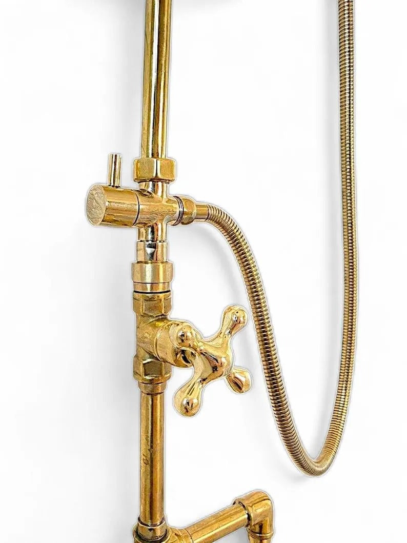 Unlacquered Brass Shower System | Exposed Pipe Rainfall Shower with Handheld Sprayer | Vintage Industrial Bathroom Fixture