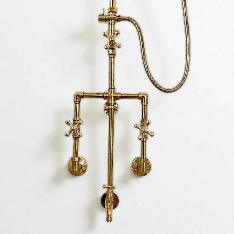 Unlacquered Brass Shower System | Exposed Pipe Rainfall Shower with Handheld Sprayer | Vintage Industrial Bathroom Fixture