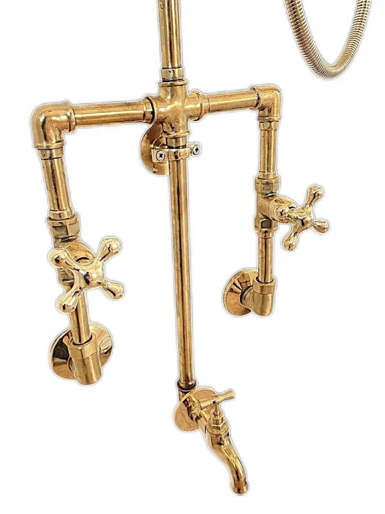 Unlacquered Brass Shower System | Exposed Pipe Rainfall Shower with Handheld Sprayer | Vintage Industrial Bathroom Fixture
