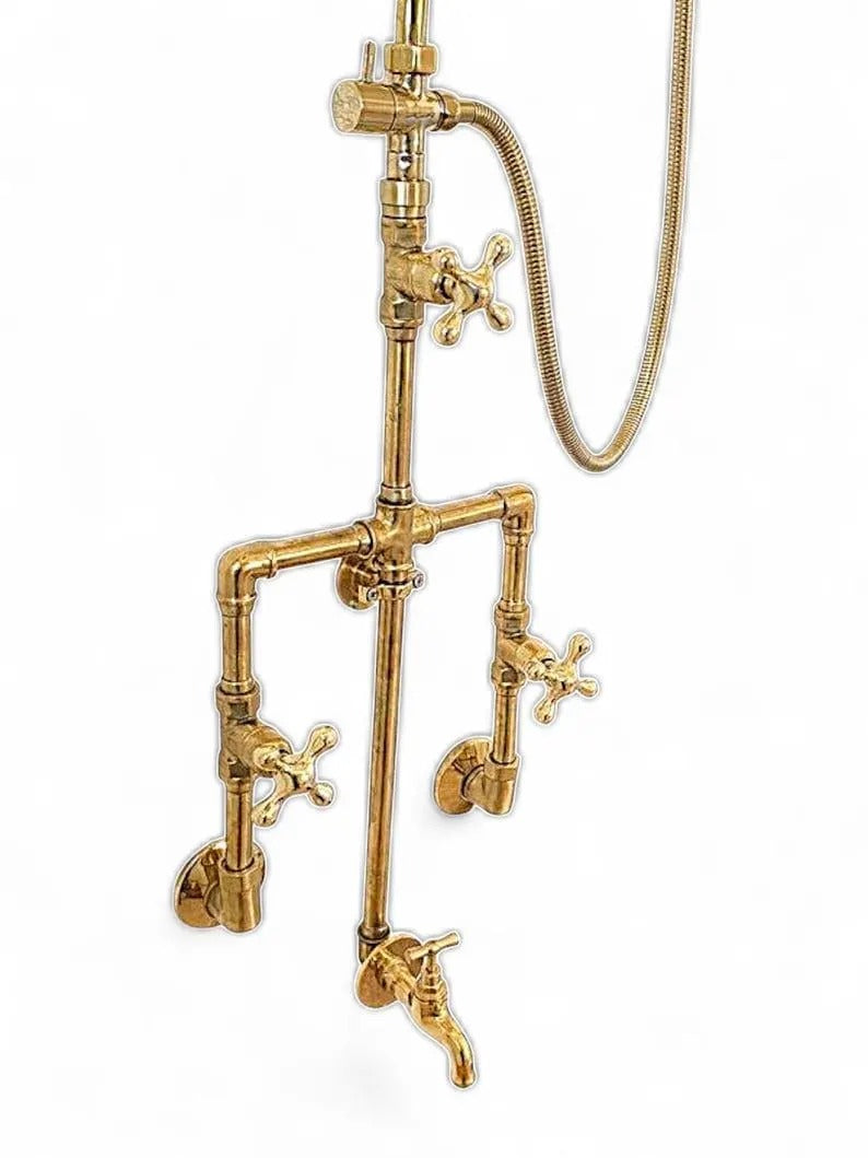 Unlacquered Brass Shower System | Exposed Pipe Rainfall Shower with Handheld Sprayer | Vintage Industrial Bathroom Fixture