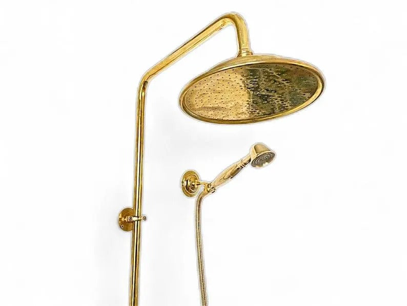Unlacquered Brass Shower System | Exposed Pipe Rainfall Shower with Handheld Sprayer | Vintage Industrial Bathroom Fixture