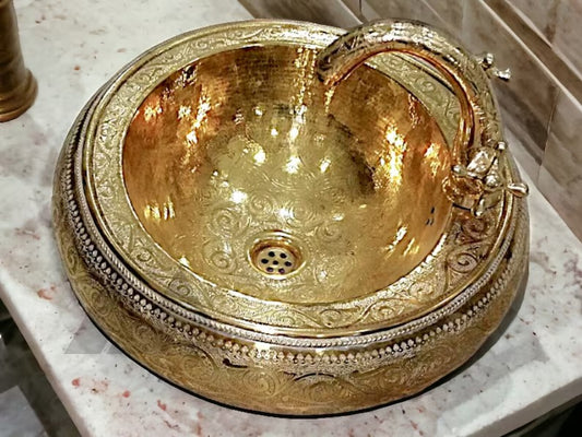 Brass Moroccan sink hammered gold color round+With a free gift faucet/ handmade , moroccan bathroom decor , brass sink