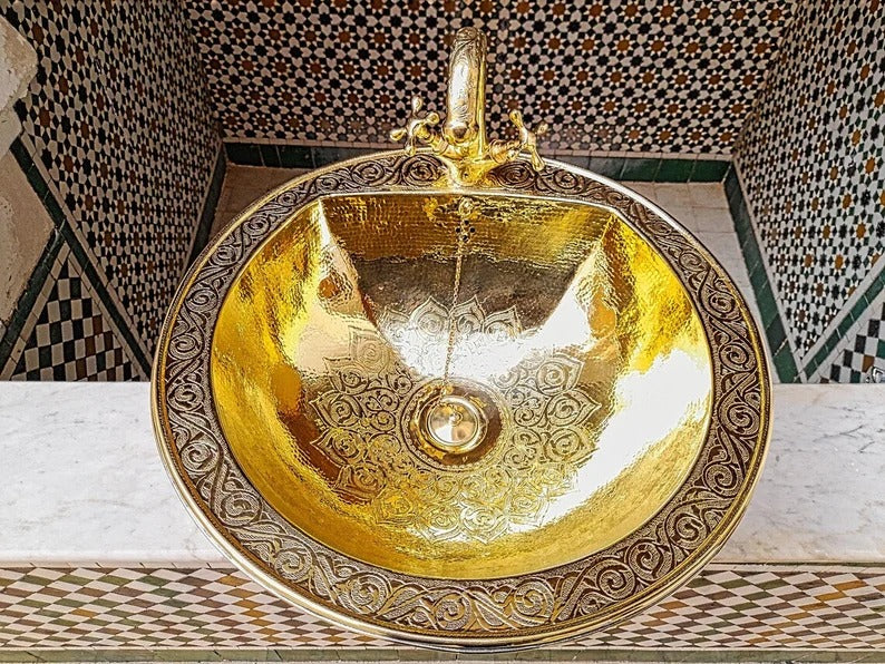 Solid Unlacquered Brass Undermount Sink – Handmade Moroccan Kitchen or Bathroom Sink with Vintage Faucet