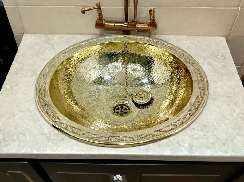 Custom Handmade Brass Sink – Solid Round Vessel Basin for Bathroom – Moroccan Artisanal Design