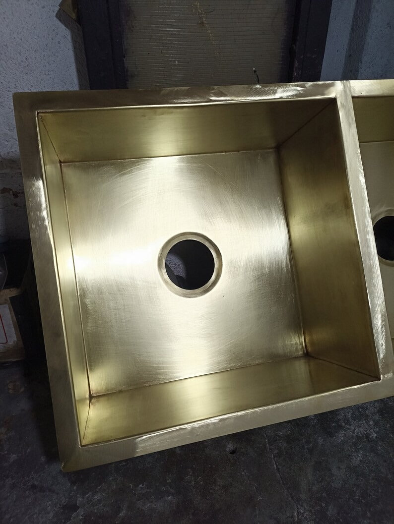 Solid Unlacquered Brass Undermount double Sink, Kitchen Bar Sink, Island Sink, Outdoor Sink, the drain for free
