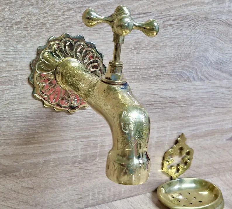 Handmade Moroccan Brass Faucet: Wall-Mounted Copper Tap, Hand-Engraved