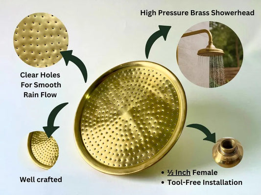 Unlacquered Brass Showerhead, Solid Brass Rainfall Showerhead, Round Outdoor Showerhead, Rustic Garden or Bathroom Fixture