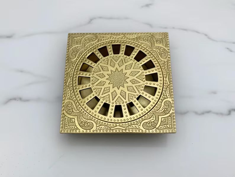 Unlacquered Brass Shower Drain, Engraved Brass Floor Drain, Bathroom Brass Drain Cover