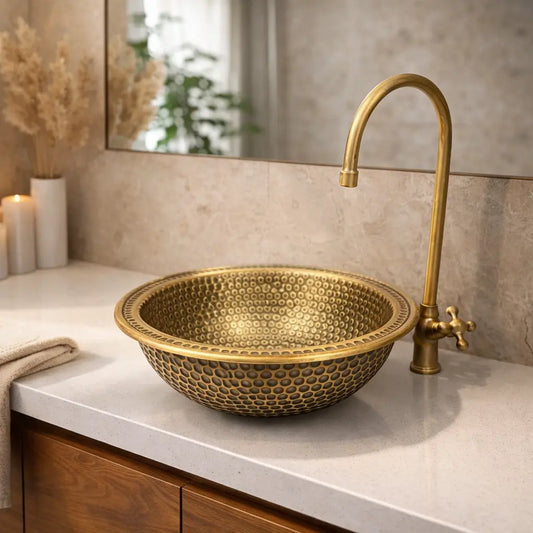 Round hand hammered brass vanity bowl on a white quartz top with a warm wood cabinet and a mirror.