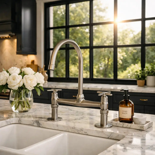 Classic cross-handle bridge kitchen faucet in solid brass on a white marble island, featuring a glass vase of white roses and an amber soap dispenser against a large black grid window with sun glare.