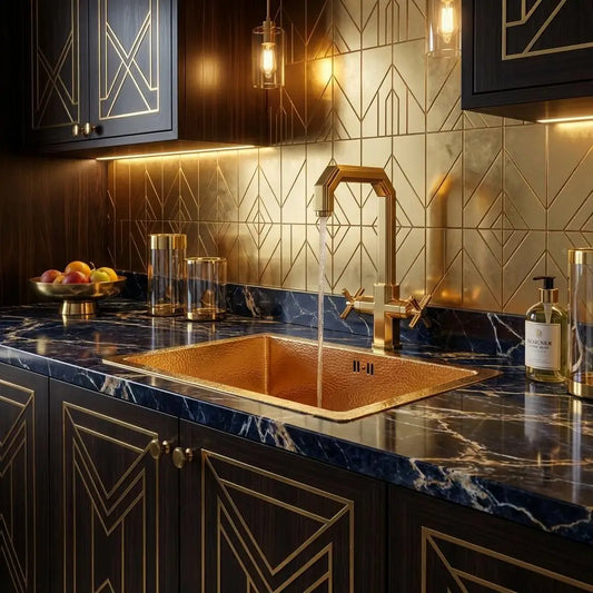Drop-in square hammered copper kitchen sink with an integrated faucet running water on a blue marble countertop with art deco gold geometric backsplash tiles.