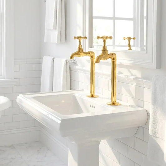 Elegant polished brass filter faucets with classic cross handles mounted on a white pedestal sink in a bright bathroom with white tile walls.