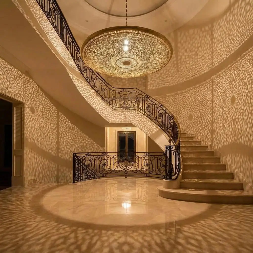 Grand circular brass pendant light fixture projecting extensive lace shadows across a spiral staircase wall inside a luxury villa foyer.