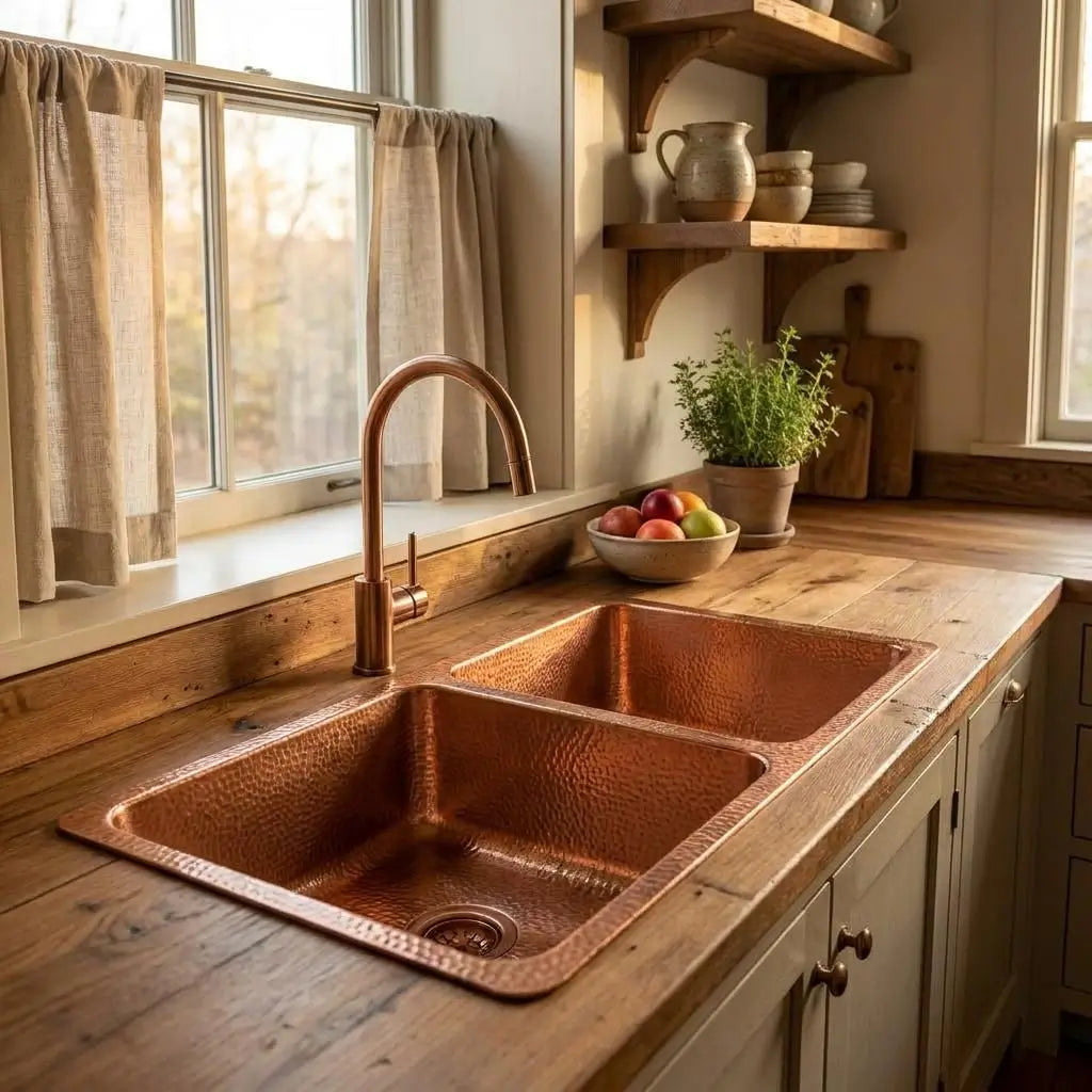 Handcrafted hammered copper double kitchen sink installed in a rustic wooden countertop by a window with a copper gooseneck faucet.