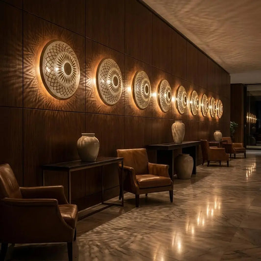 A row of handmade Moroccan brass wall sconces illuminating a luxury hotel lobby corridor with leather armchairs