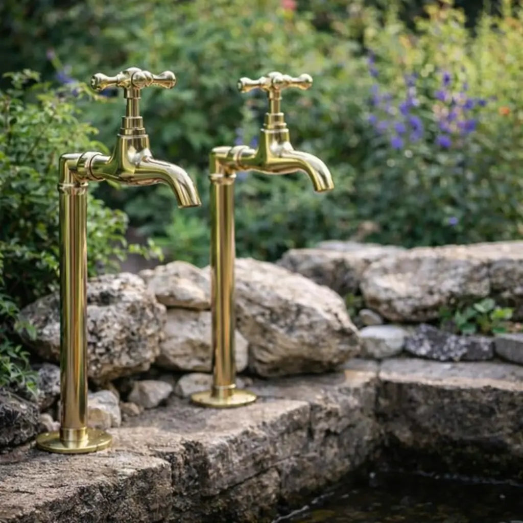 Two handmade unlacquered brass water dispenser faucets installed on a stone wall next to a garden pond