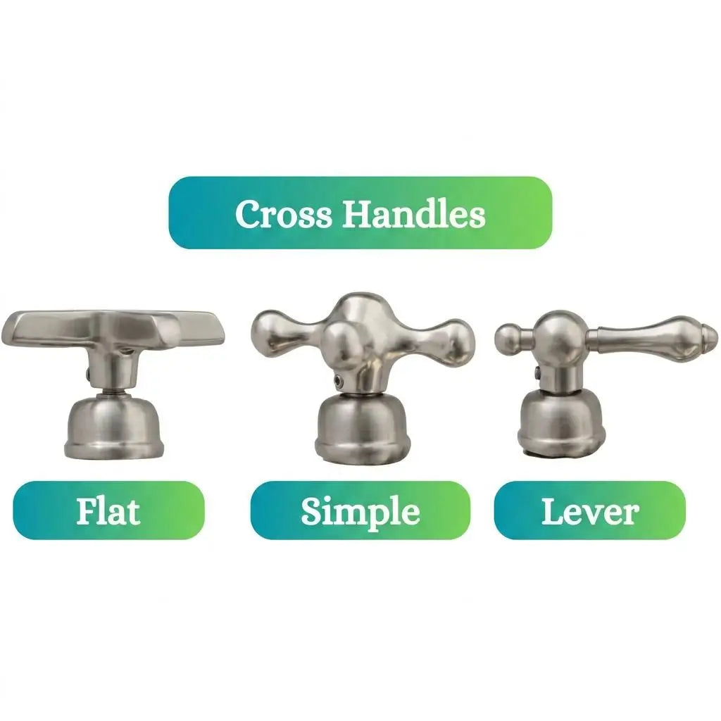 Technical diagram showcasing warm brushed nickel Heritage bridge faucet handle options including flat cross handles, simple cross handles, and traditional lever styles.