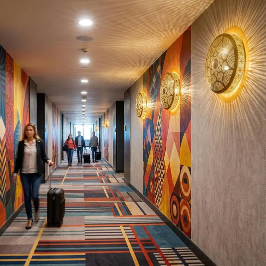 Handmade brass wall sconces lining a modern hotel corridor with artistic colorful walls, providing ambient minimalist light for traveling guests.
