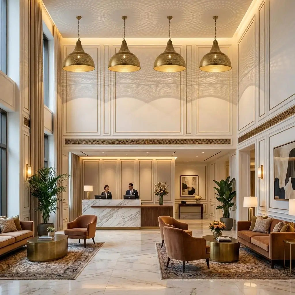 Four large Moroccan brass dome pendants lined up on a high ceiling over a luxury hotel reception lobby with marble counters, elegant velvet seating areas, and tall windows.
