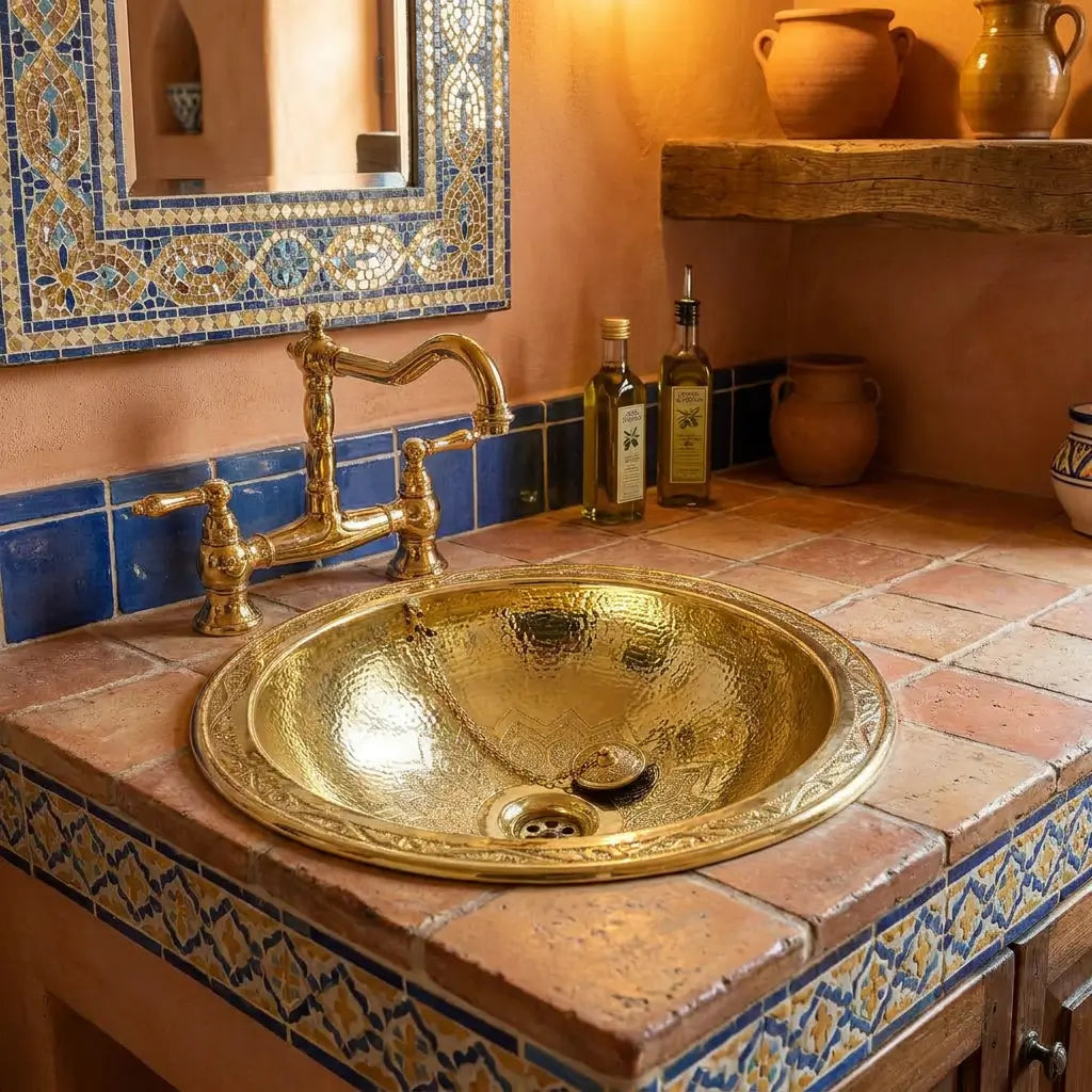 Hand-hammered round brass drop-in vanity sink integrated into a rustic terracotta tile countertop with a mosaic tile border and vintage brass faucet.