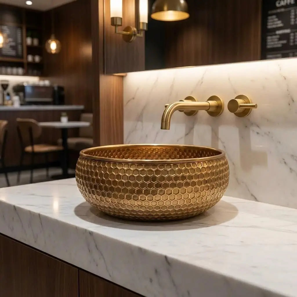 Handcrafted copper vessel sink with honeycomb texture illuminated by under-cabinet LED lighting on a marble counter in a cozy cafe bistro background.