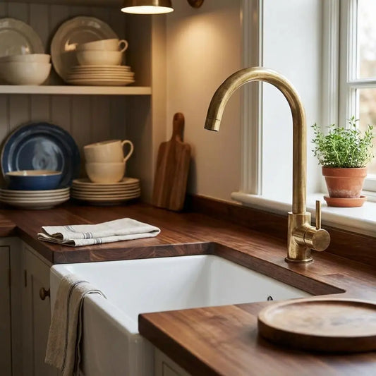 Unlacquered brass curved sink faucet installed on a wooden countertop in a bright kitchen next to a window.