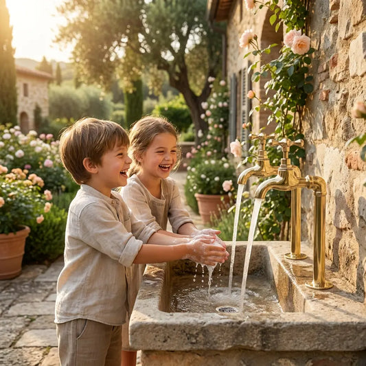 Two happy young children washing their hands under running water from a pair of vintage unlacquered brass wall mount faucets installed on an outdoor stone sink in a rustic garden setting.