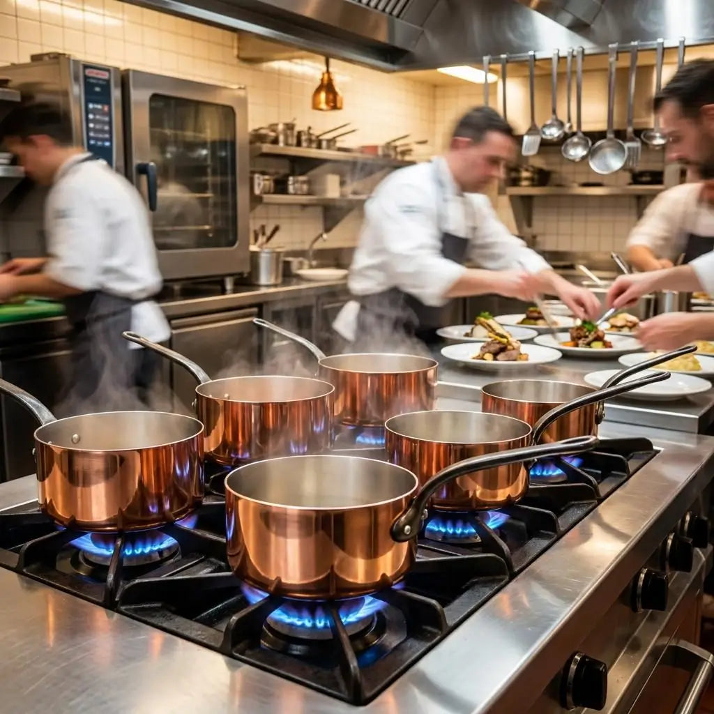 Professional chefs cooking with a heavy-gauge Moroccan copper cookware set on a commercial gas range, demonstrating premium heat conductivity and industrial food-safe performance.
