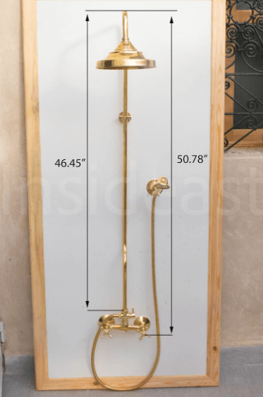unlacquered brass shower system, handheld shower and shower head combo, exposed pipe / shower
