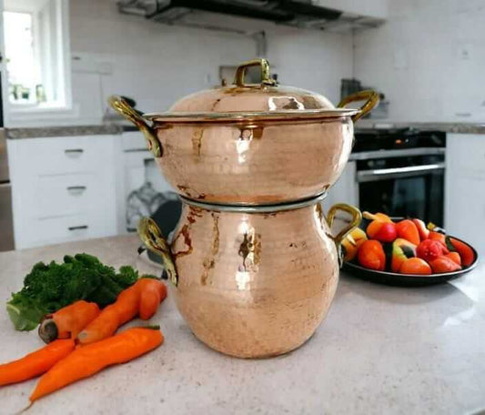 Handmade Moroccan Copper Couscoussier - Traditional 2-Tier Steamer Pot for CouscousVegetables Authentic Couscous Maker / hammered