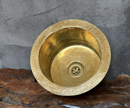 hammered unlacquered brass round bar sink including drain ,handcrafted brass round sink