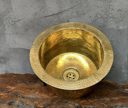hammered unlacquered brass round bar sink including drain ,handcrafted brass round sink