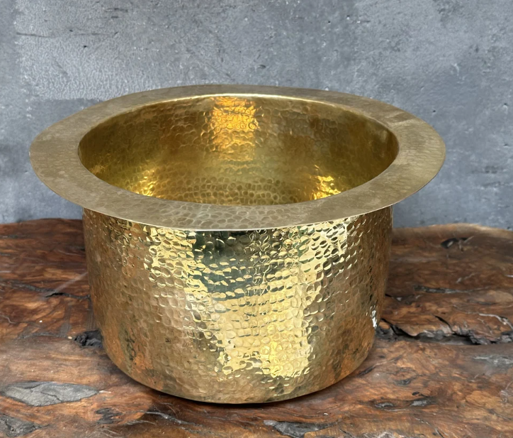 hammered unlacquered brass round bar sink including drain ,handcrafted brass round sink